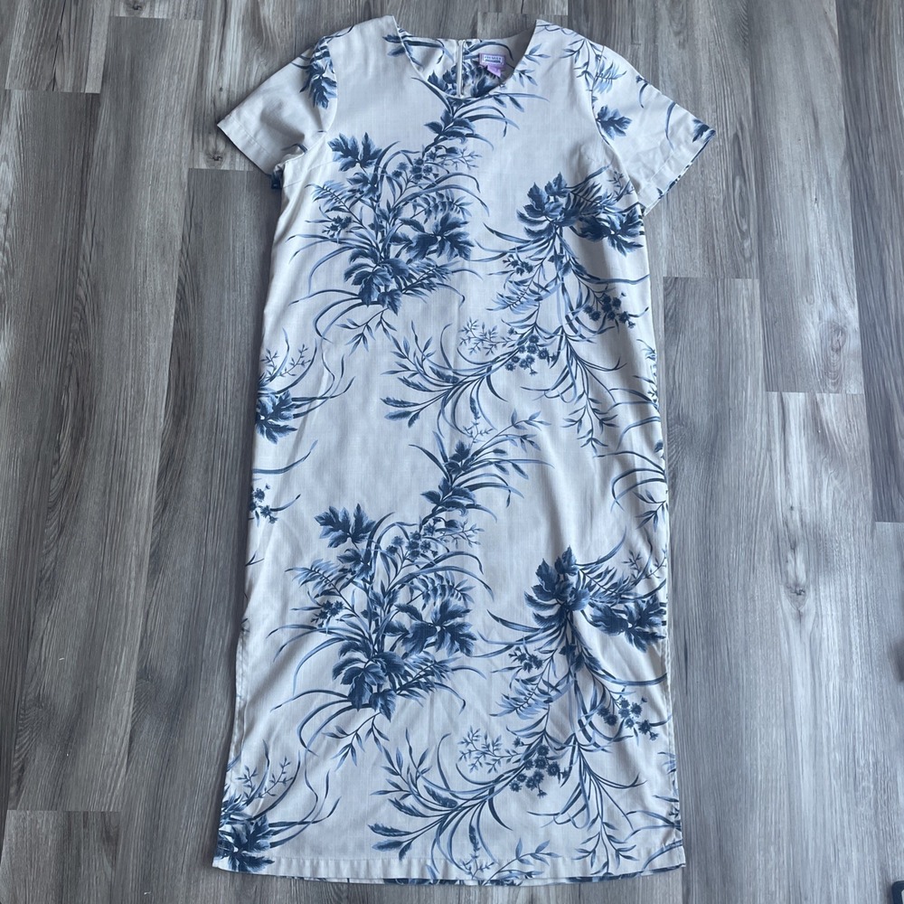 Vintage Women's + Size 20w Dress‎ Off White & Blue Linen Blend Midi Short Sleeve